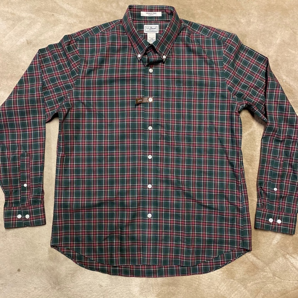 LL Bean Wrinkle Free Mens LS Plaid Slim Fit